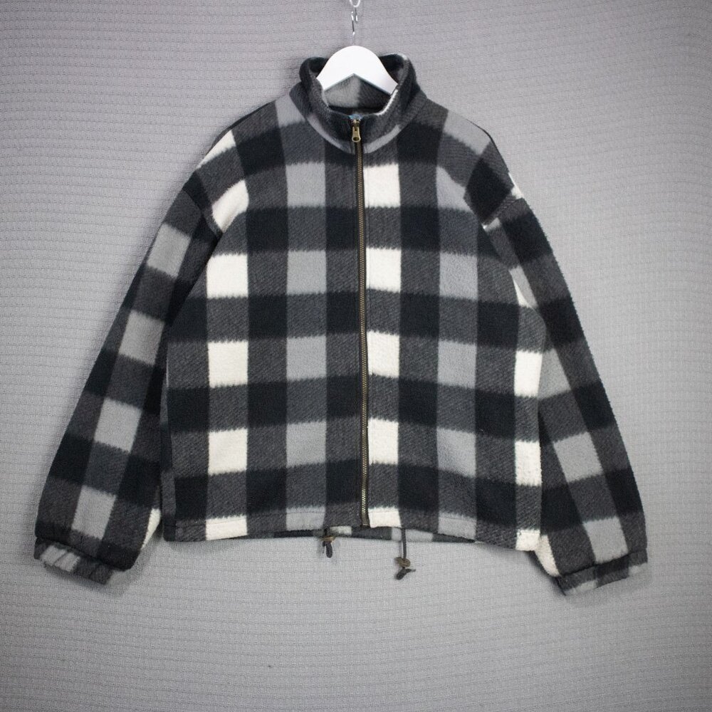 Vintage Black Gray and White Plaid Fleece Zip Jacket